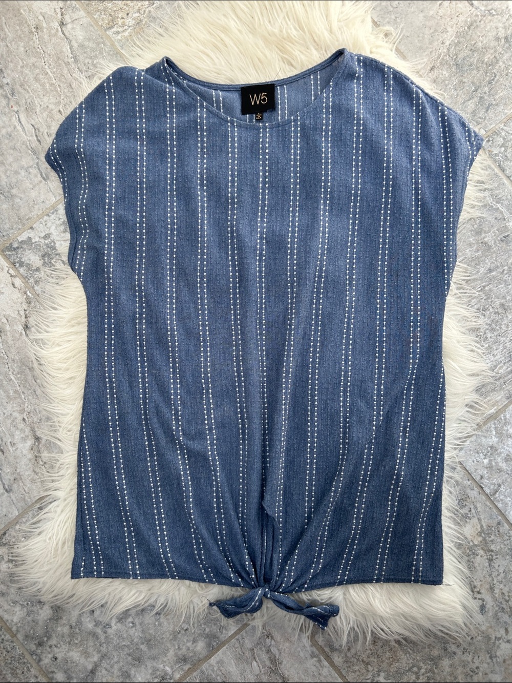 W5 Navy Blue Vertical Stripe Tie-Hem Crop Top